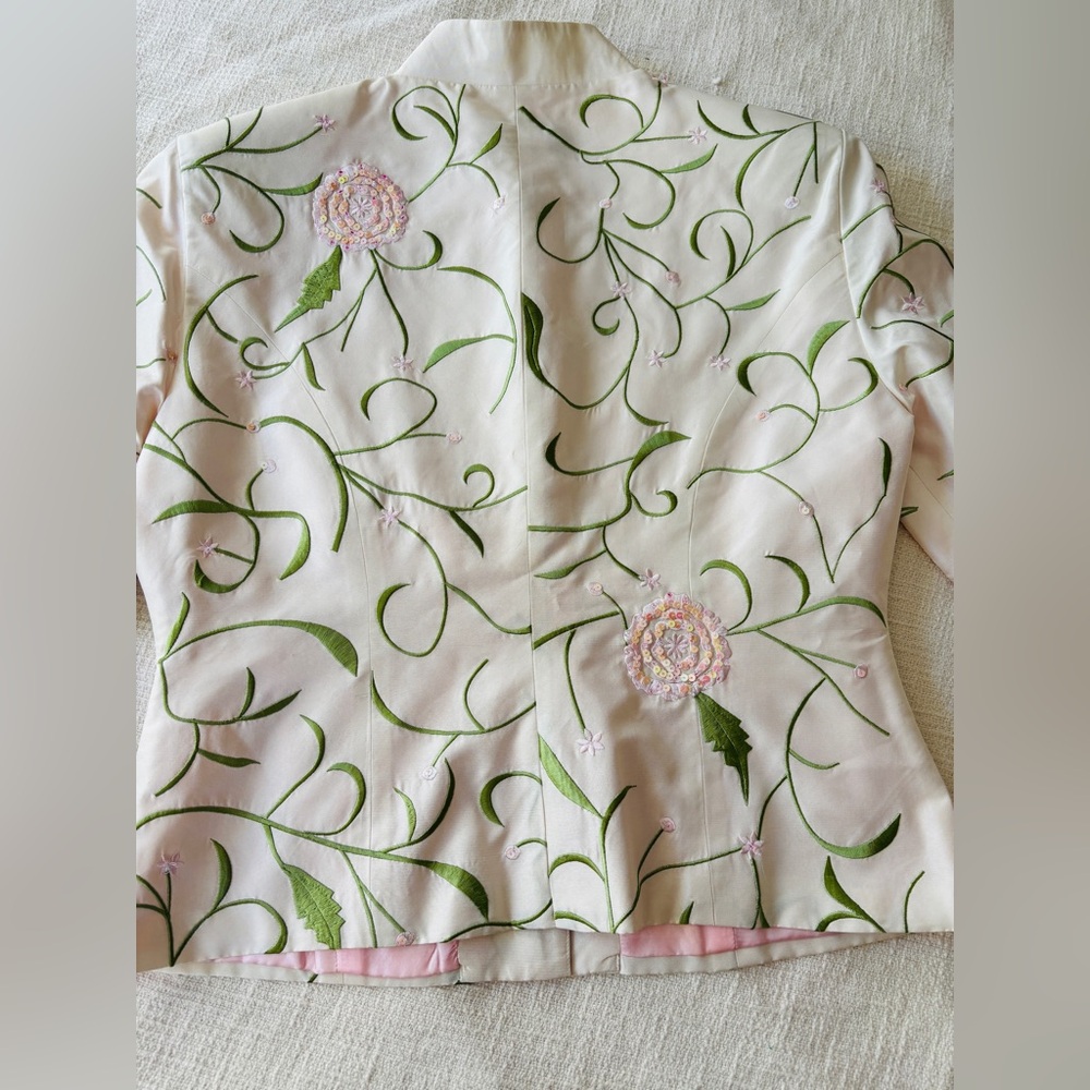 MSK Easter/Spring 100% Silk Floral White Jacket w/ Pink Lining Women’s Medium - Picture 2 of 11